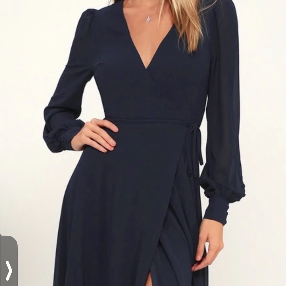 Lulu's Blue Wrap Dress with Bishop Sleeves and Tie Front